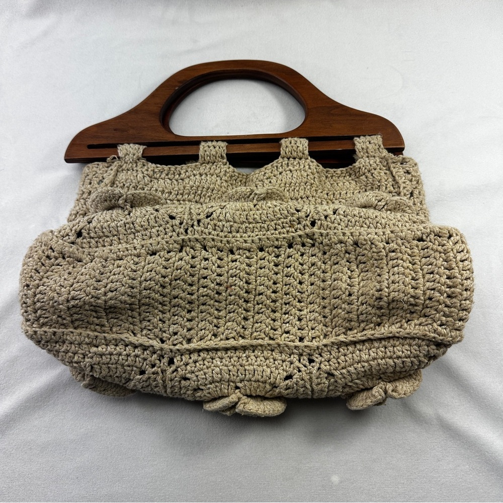 Handmade Knit Crochet Shoulder Bag Wood Floral Cottagecore Sequoia Line Tan Hobo - Picture 6 of 7